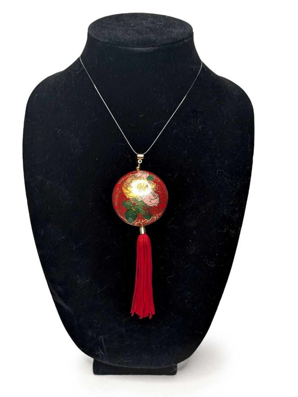 Vintage Gold Tone Red Round Cloisonne Fringed Flower Pendant Necklace Tassel